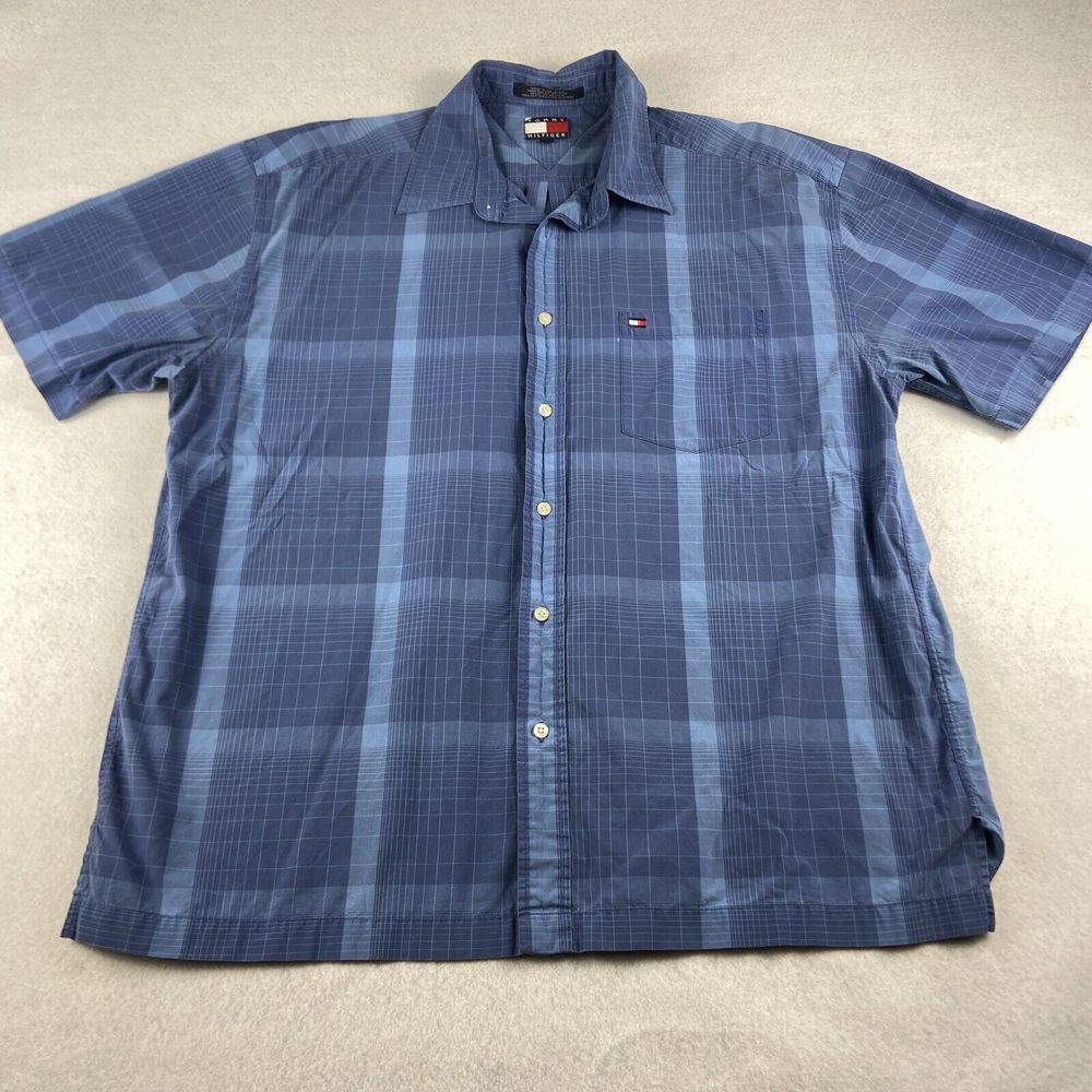Tommy Hilfiger Shirt Mens XL Blue Plaid Button Down Long Sleeve Pocket Logo
